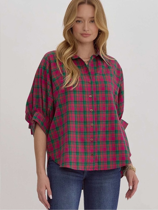 entro Tops - Entro Pink Green Plaid Oversized Pima Cotton Button Up Small